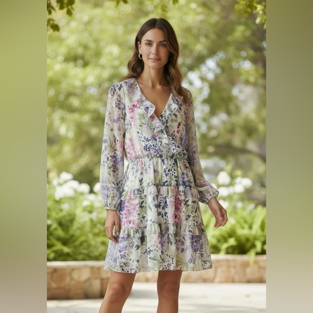 Lauren RALPH LAUREN Floral Crinkle Georgette Surplice Dress Sz 10 Med NWT $185